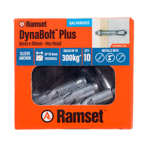 Ramset 8 x 40mm Galvanised DynaBolt Plus Hex Nut Bolt