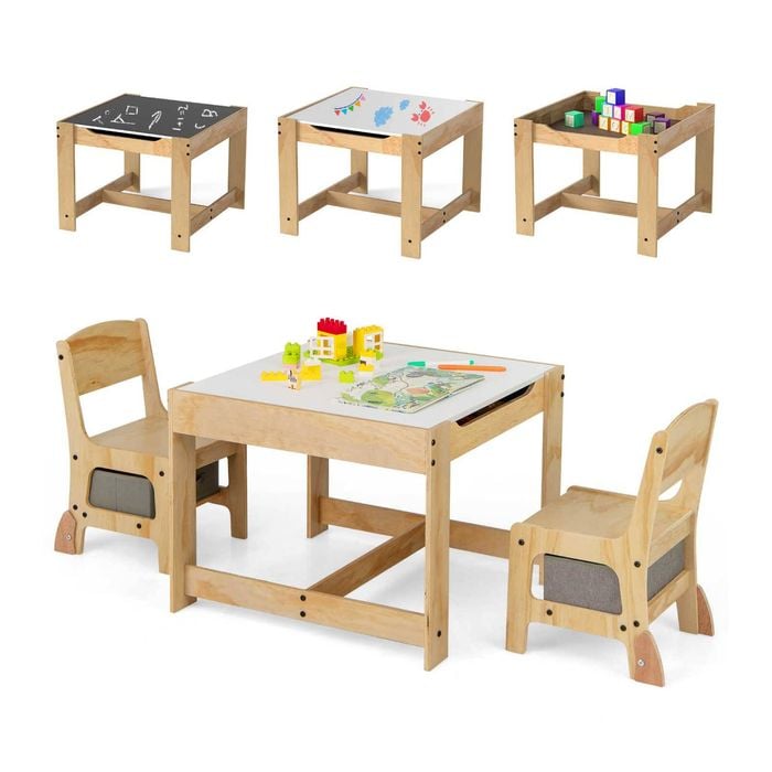 Costway Kids Activity Table & Chairs Set w/Storage Drawer Play Study Grey