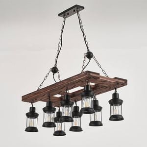 LumenSphere Jabaco 8-Light Retro Wood Pendant - Black Finish, Natural Wood Accents, E27 Base