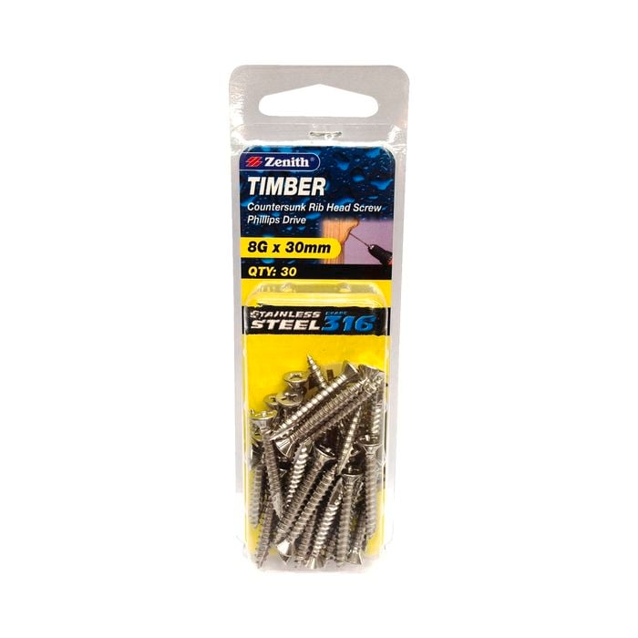 Zenith 8G x 30mm 316 Stainless Steel Countersunk Rib Head Timber Screws - 30 Pack