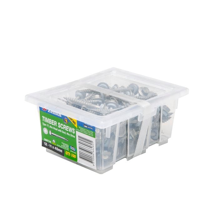 Zenith 12 - 11 x 45mm Galvanised Hex Head With Seal Timber Screws - 100 Box