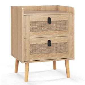 Costway Boho Accent Nightstand Rattan Cabinet Soild Wood Legs End Table
