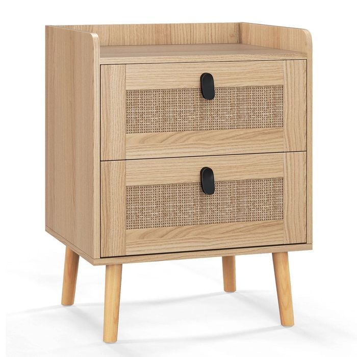Costway Boho Accent Nightstand Rattan Cabinet Soild Wood Legs End Table