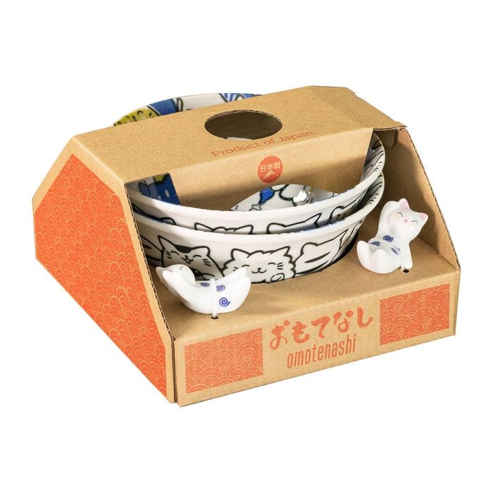 Omotenashi Purrfect Party Donburi Bowl Gift Set With Chopstick Rest – Blue