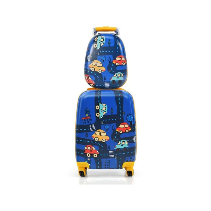 Costway Kids 18" Luggage + 13" Backpack Travel Trolley Suitcase Set Car Pattern