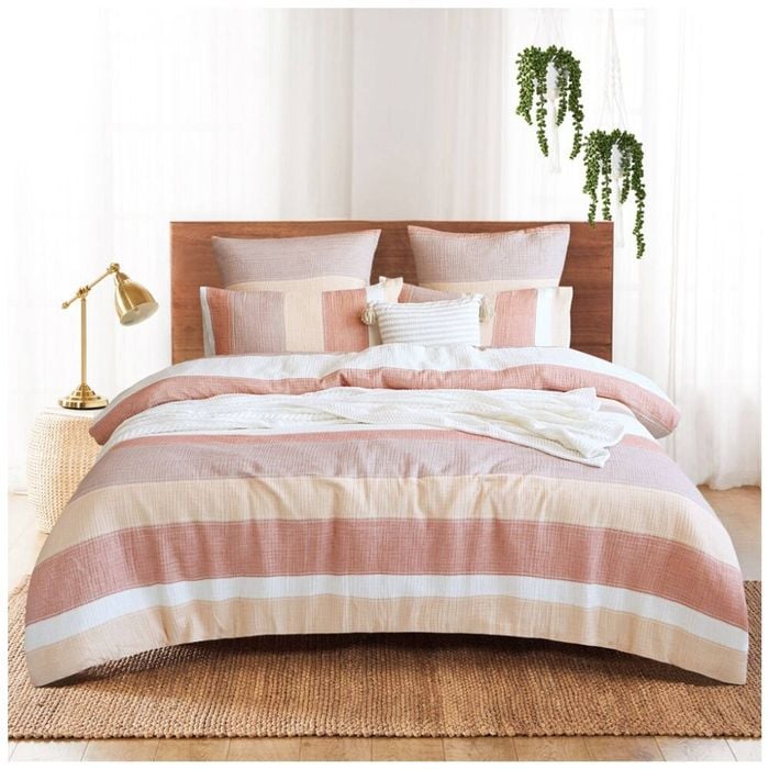Renee Taylor Bayley 100% Muslin Cotton Quilt Cover Pink & Neutral Stripe Double