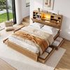 HOMFURN Double Bed Frame with 4 Drawers, Storage Headboard, USB & Night Light, Natural Wood Finish, 300kg