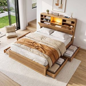 HOMFURN Double Bed Frame with 4 Drawers, Storage Headboard, USB & Night Light, Natural Wood Finish, 300kg