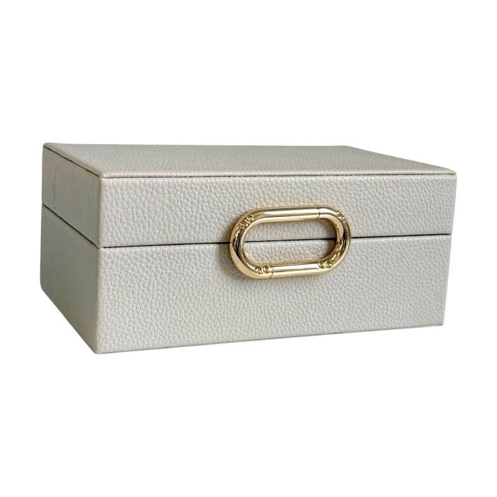 SS Collective Cream Pebble Textured Decorative Box W/ Gold Ring Latch Small