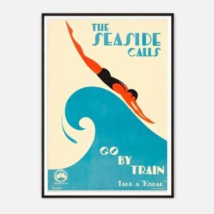 Galrie The Seaside Calls Retro Travel Poster-1930s Vintage Australian Art Print Decor, Black Frame, 70 x 100cm (28 x 40inch)