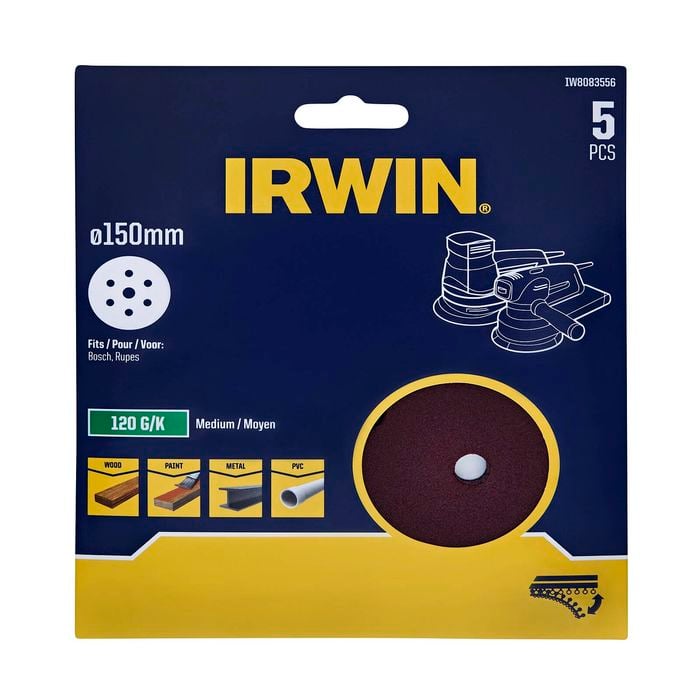 IRWIN 150mm 120 Grit 6 + 1 Holes Quick Fit Random Orbital Sanding Discs - 5 Pack