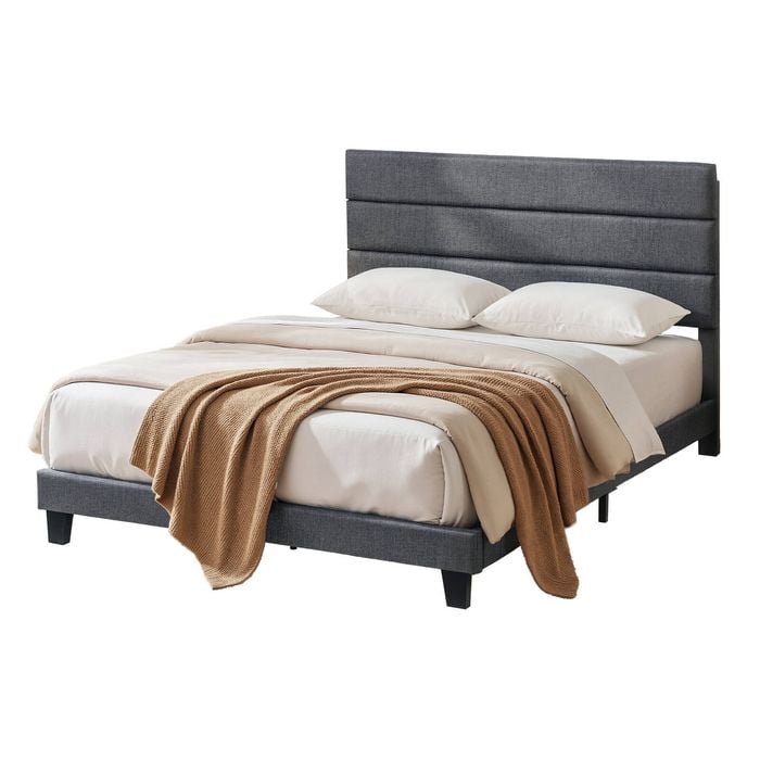 Artiss Queen Bed Frame Geometric Headboard Charcoal Grey Linen