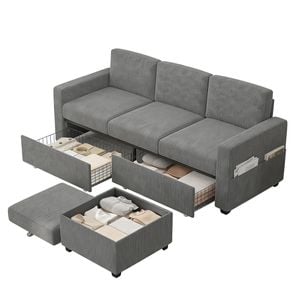 Advwin 197cm 3 Seater Sofa w/ Storage Ottoman & Drawers Corduroy Modular Corner Couch Lounge Chaise Grey