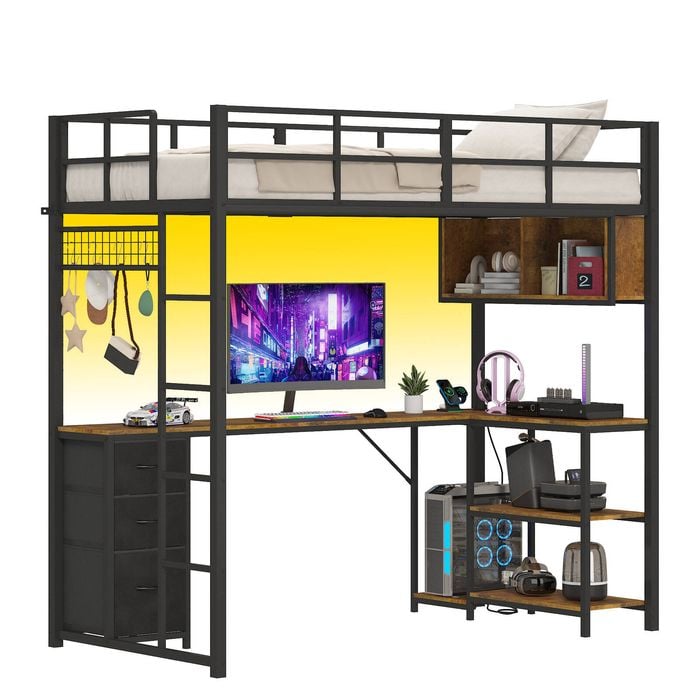 Advwin Loft Bed with L-Shaped Desk & 3 Drawers Shelves Single Size Black