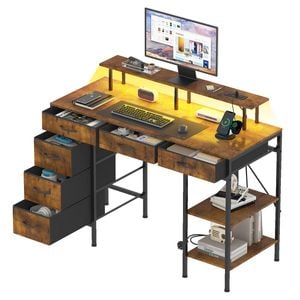 Ufurniture 120cm LED Computer Desk w/ Power Outlets & Monitor Stand Office Gaming Table w/ Drawer & Open Shelf