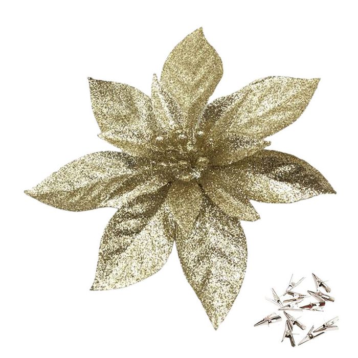 Catzon 12 Pcs Glitter Christmas Flowers with Clips Artificial Poinsettia-LightGold