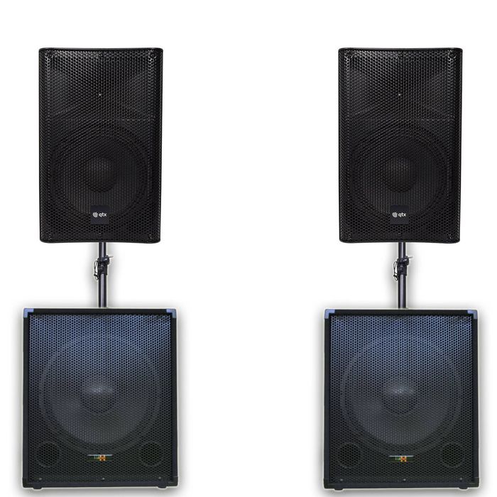 QTX Quad 555 2960W Active 2.2 PA System Bundle|15" Subwoofers + 15" PA Speakers & Poles
