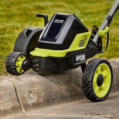 Close up of a brushless ground mount edger tool.