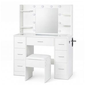 Levede Dressing Table Makeup Vanity with Lights Glass Desktop 7 Drawers White