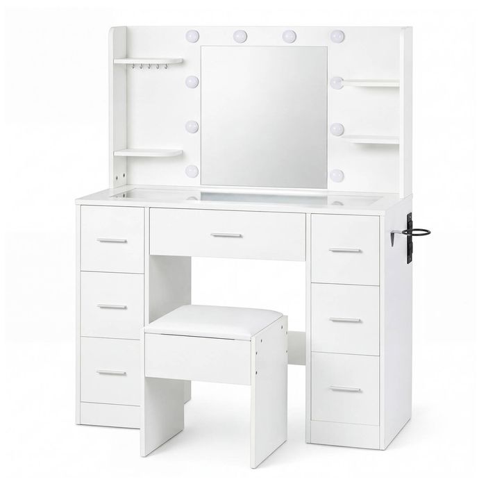 Levede Dressing Table Makeup Vanity with Lights Glass Desktop 7 Drawers White