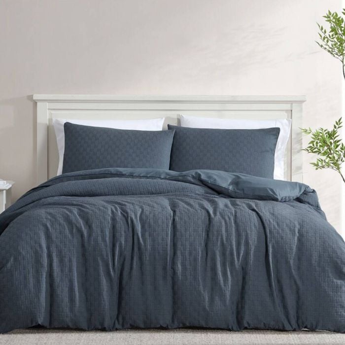 Ardor Soft Geo Textured Alexander Quilt Duvet Cover Set Queen Blue