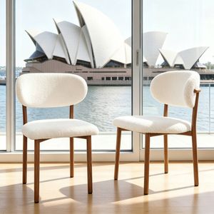 BRIBRION x2 Boucle Dining Chairs Walnut Wood Look Metal Legs Upholstered Sherpa Fleece Open Back for Kitchen Restaurant White