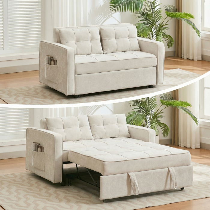 2 Seater Sofa Bed 3 in 1 Convertible, Pullout Sleeper Sofa with Adjustable Backrest, Spacious Multifunctional Couch, Beige