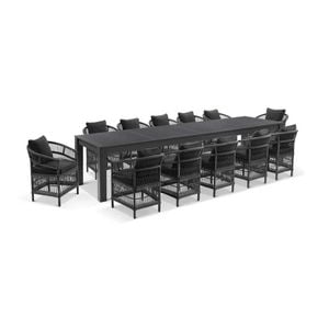 Santorini 3.55m Outdoor Aluminium Dining Table Charcoal With 12 Chairs & Denim Grey Cushions