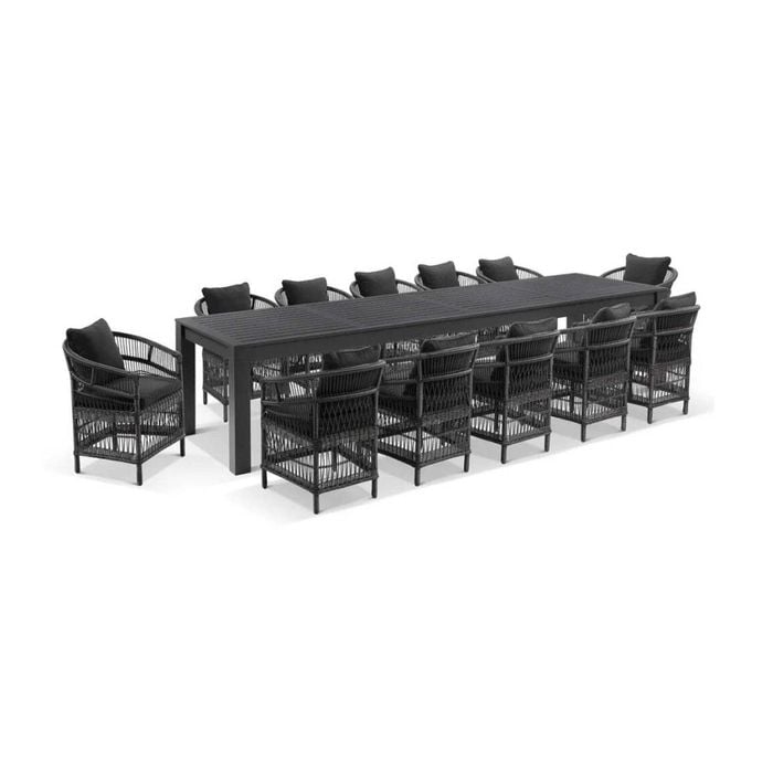 Santorini 3.55m Outdoor Aluminium Dining Table Charcoal With 12 Chairs & Denim Grey Cushions