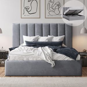 Celine Queen Fossil Grey Velvet Gas Lift Storage Bed Frame