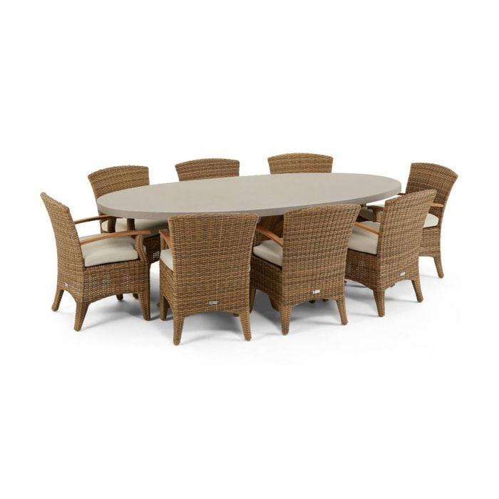 Tamarama Outdoor Oval Concrete Look Dining Setting Brushed Wheat With 8 Kai Wicker Chairs & Cream Cushions
