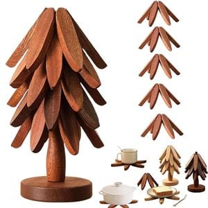 Catzon Wooden Tree Trivet Set Stackable Hot Pot Coasters-NutBrown5