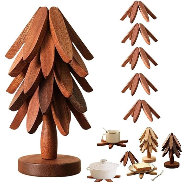Catzon Wooden Tree Trivet Set Stackable Hot Pot Coasters-NutBrown5