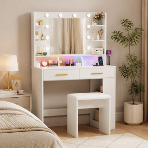 Ufurniture Storage Vanity Table Set with LED Mirror, Charging Station & Stool White