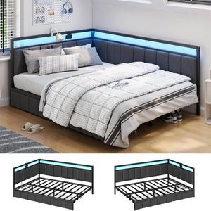 Ufurniture Corner Bed Frame Double Daybed With 2 Storage Drawers And Charging Station Bedroom Living Room Gray