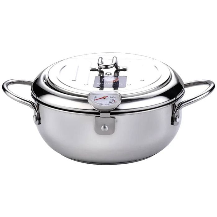 NNEOBA 304 Stainless Steel Deep Frying Pot with Thermometer And Lid Silver