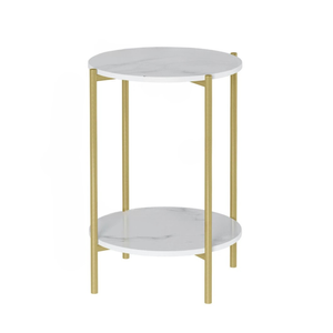 P&P Gold Round Gold Side Table With Two White Marble Shelves