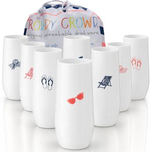 Rowdy Crowd Champagne White Flutes 285ml Summer Vibes 8 Pack - Unbreakable Tritan Plastic Dishwasher Safe