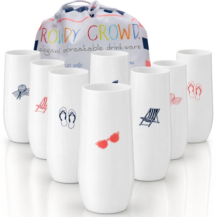Rowdy Crowd Champagne White Flutes 285ml Summer Vibes 8 Pack - Unbreakable Tritan Plastic Dishwasher Safe