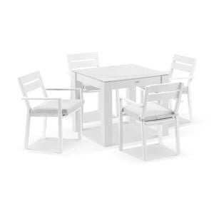 Hugo Outdoor 4 Seater Ceramic/aluminium Dining Table White With Santorini Chairs & Olefin Grey Cushions