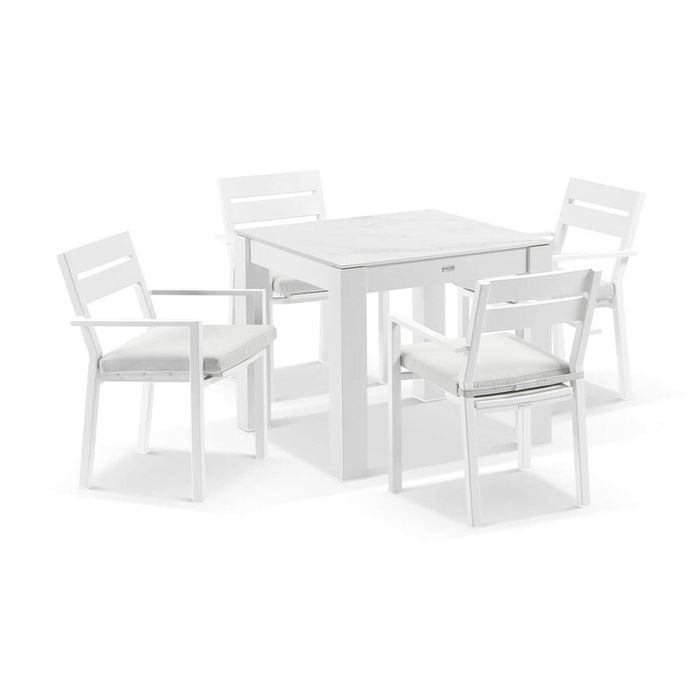 Hugo Outdoor 4 Seater Ceramic/aluminium Dining Table White With Santorini Chairs & Olefin Grey Cushions