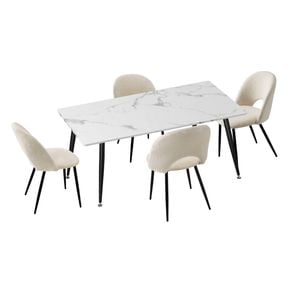 Oikiture 5PCS  Dining Set 120cm Rectangle Dining Table with Dining Chairs Sherpa White