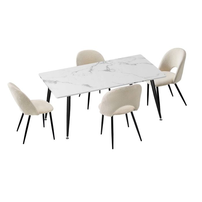 Oikiture 5PCS  Dining Set 120cm Rectangle Dining Table with Dining Chairs Sherpa White