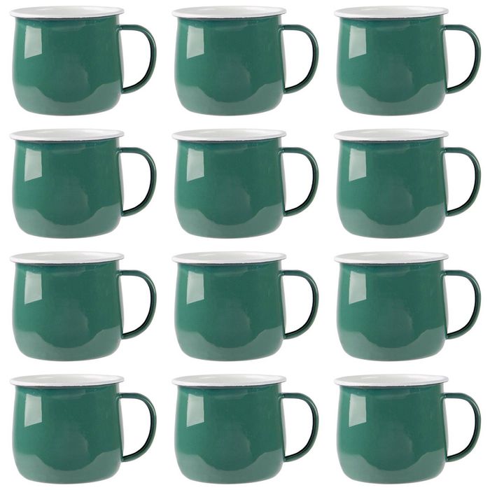 Argon Tableware 375ml Enamel Belly Mugs - Green - Set Of 12 Metal Drinking Cups Coffee Teacup Mug Set Hot, Cold Drinks Cups