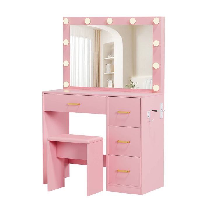Advwin Makeup Vanity Desk with Large LED Mirror Charging Station White, Pink