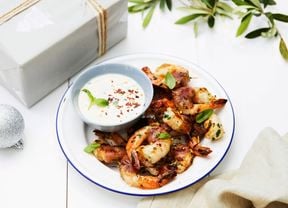prosciutto-wrapped prawns with a basil aioli