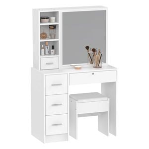 Advwin Dressing Table Set with Slide Mirror and Stool Vanity Desk Hiden Storage Lockable Drawer White