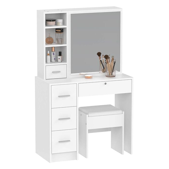 Advwin Dressing Table Set with Slide Mirror and Stool Vanity Desk Hiden Storage Lockable Drawer White
