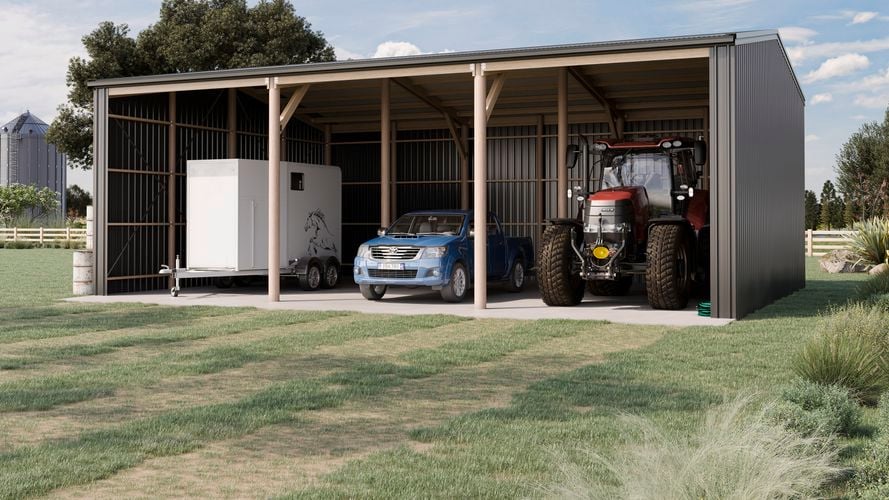 Open farm shed with tractor, car and horse float.