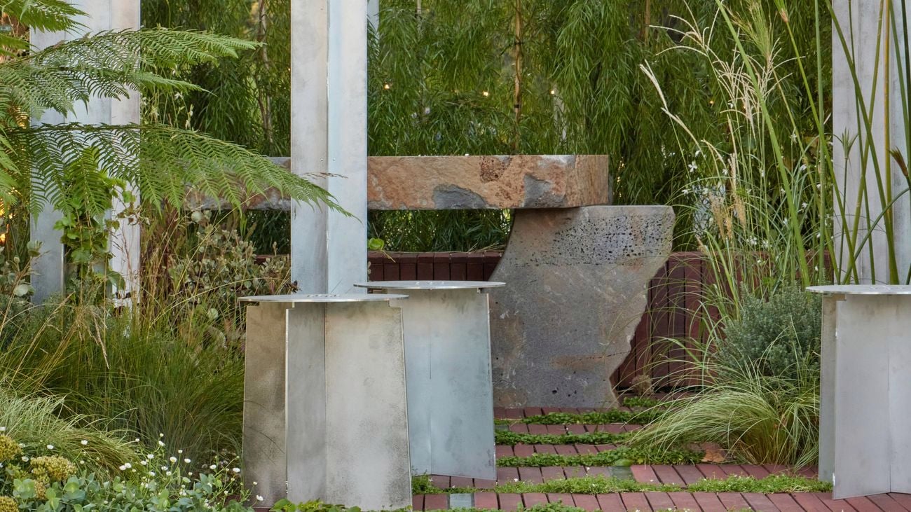 Stone features nestled in a garden